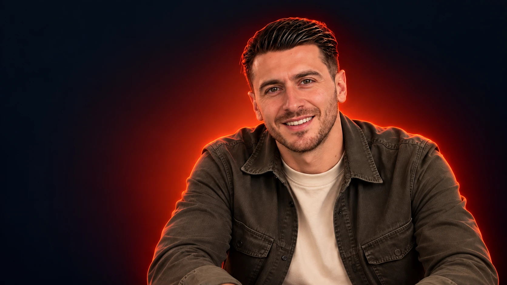 Fadi, host van Voor de Draad Ermee, lachend in roodoranje licht
